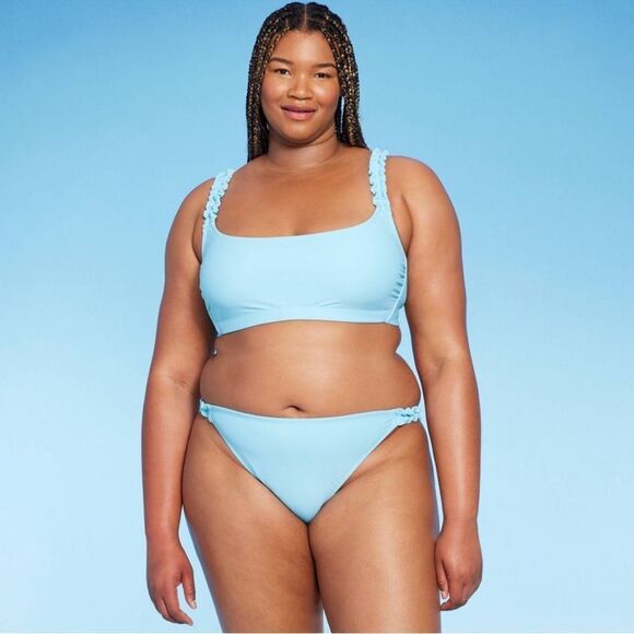 * NWT Wild Fable Size X Ruffle Strap High Leg Cheeky Blue Bikini Swim Bottom - Picture 3 of 8